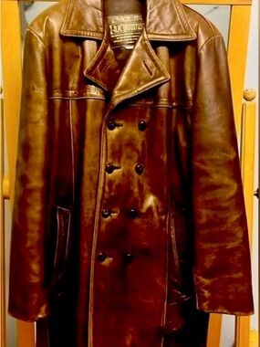 Equipment Men's Brown Leather Double-Breasted Pea Coat